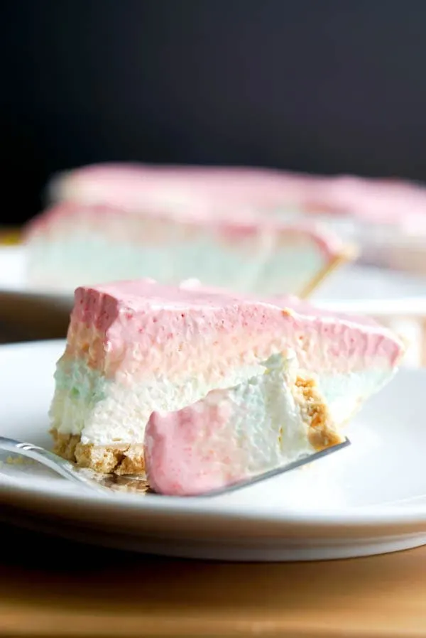 Rainbow Jello Pie - fork full of pie to show off layers.