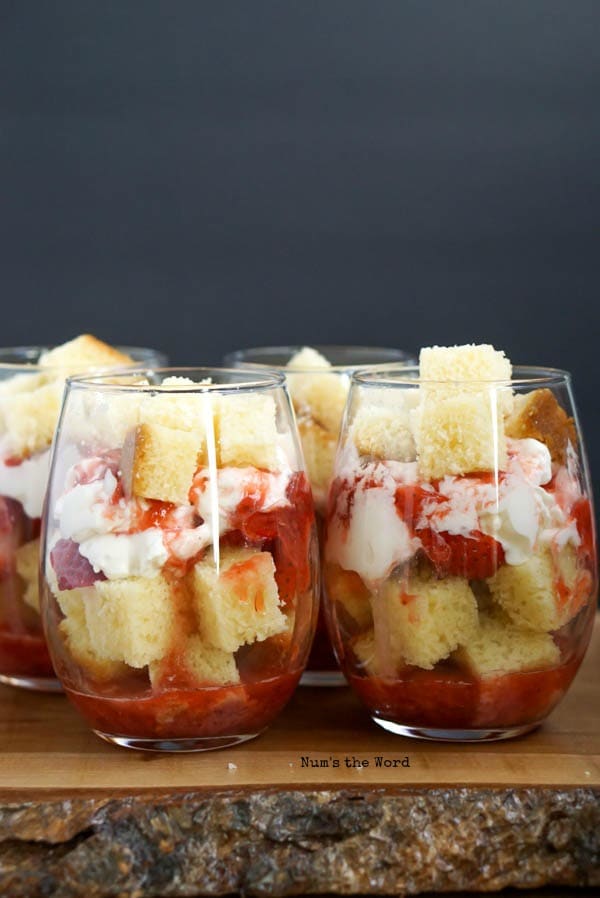 Strawberry Shortcake Trifle Cups - additional pound cake on top of whipped cream