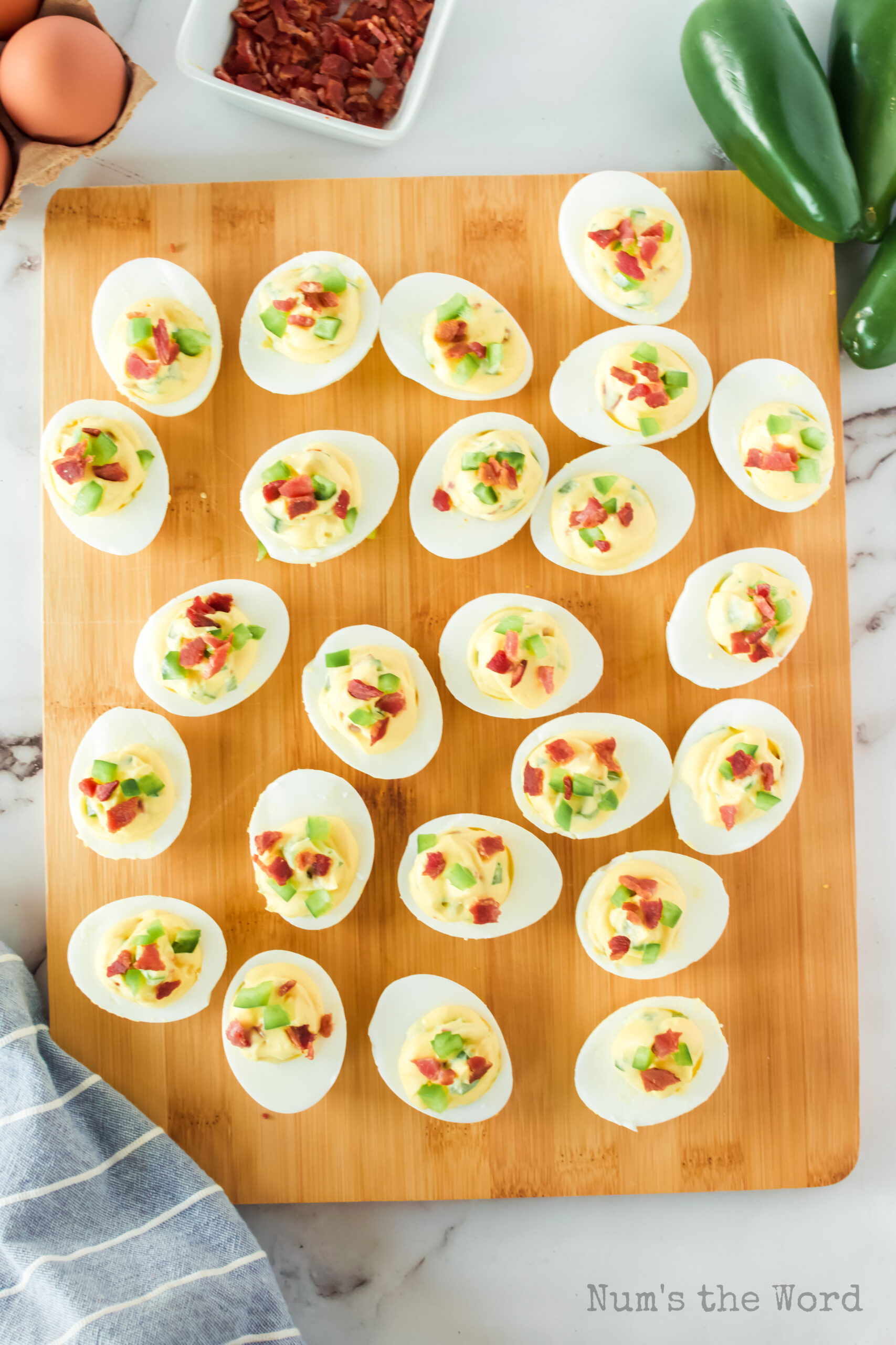 zoomed out image of deviled eggs