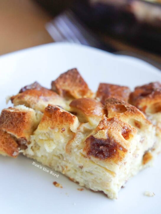 A slice of casserole on a plate.