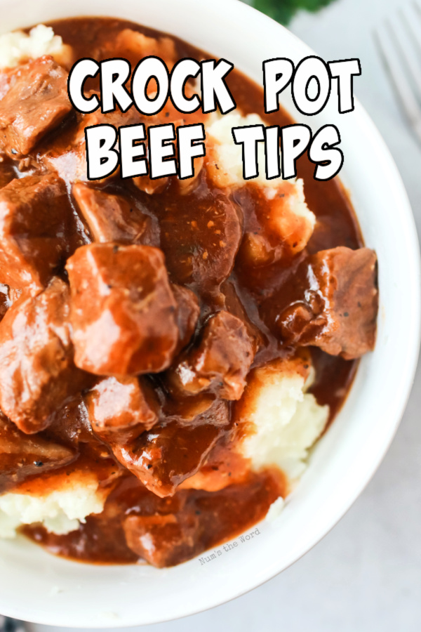 Main image of beef tips in bowl over mashed potatoes