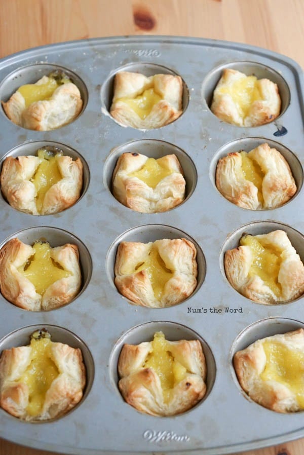 Lime Curd Puff Pastry Cups - baked lime curd cups still in muffin tin