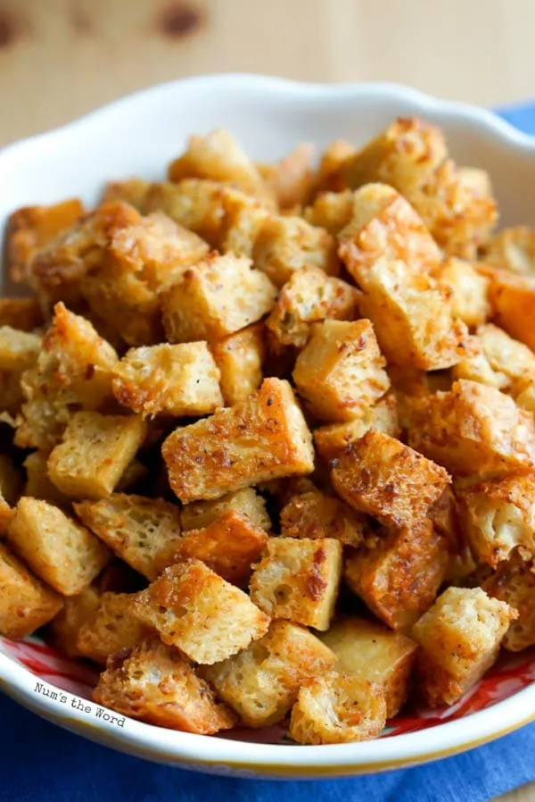 Cooked Seasoned Creole Croutons in a bowl ready to be used