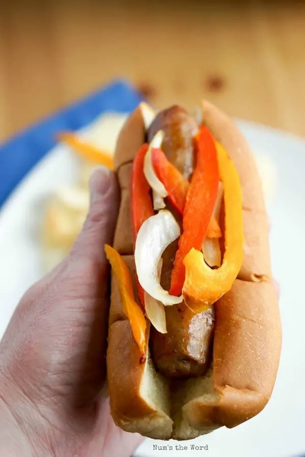 Air Fryer Brats - hand holding brat up close to camera