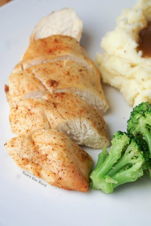 Air Fryer Chicken Breasts - on plate with mashed potatoes and broccoli