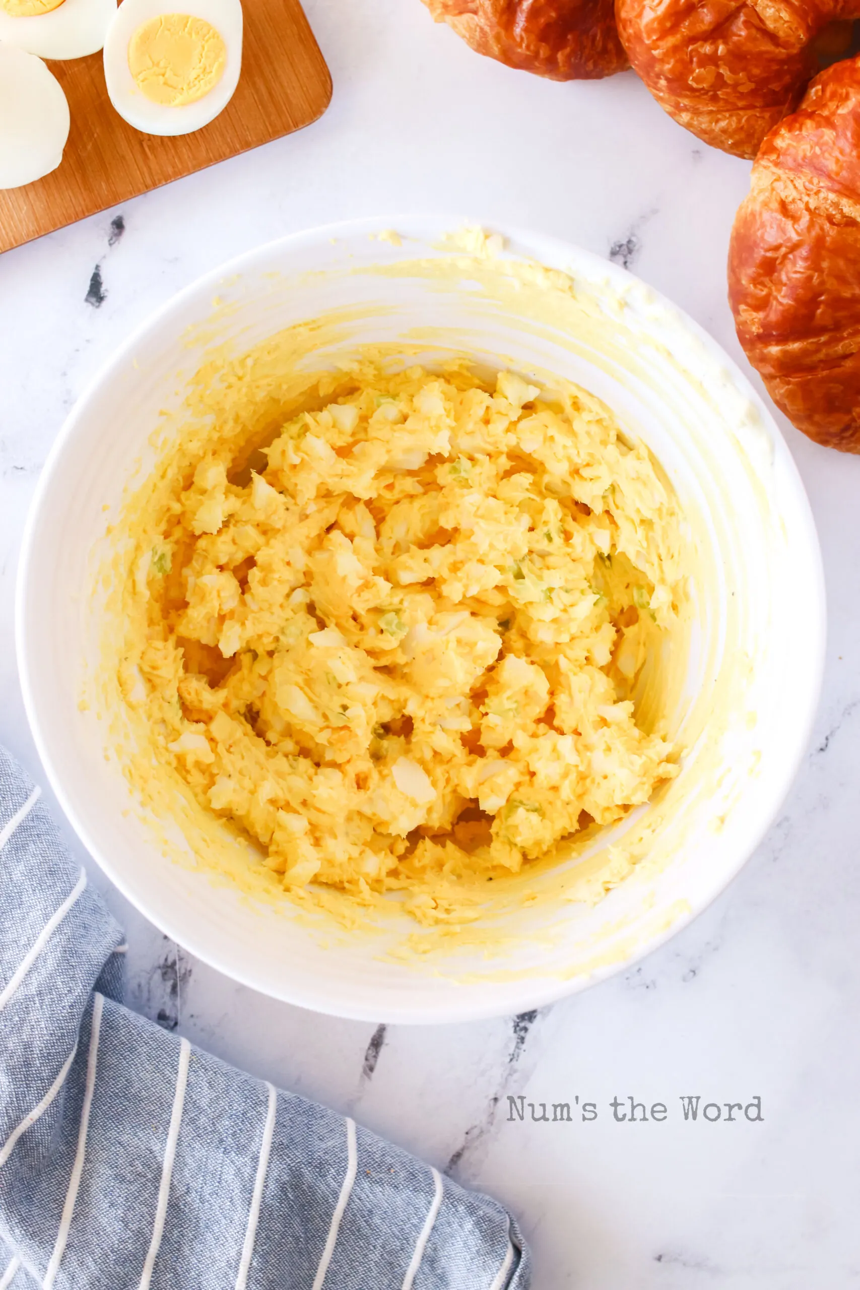 egg salad mixed up and ready to be served with crackers or added to bread.