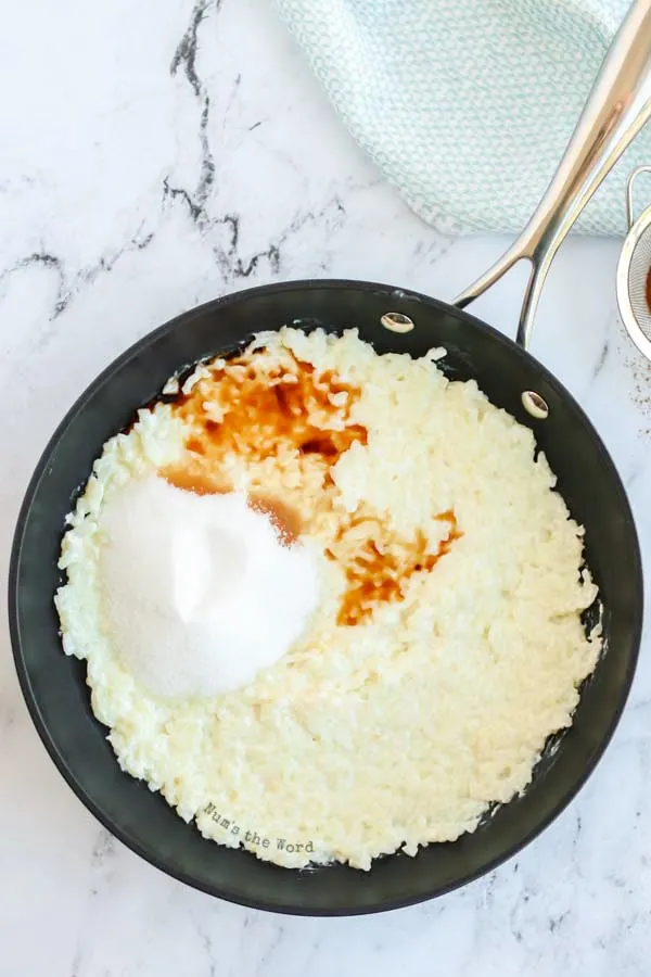 Rice Pudding - sugar and vanilla added to creamy rice pudding