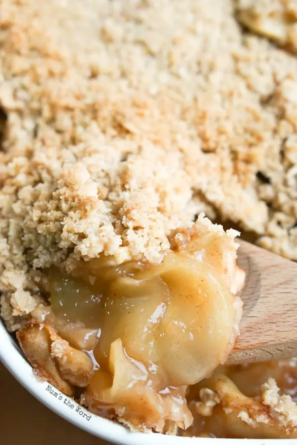 Baked Apple Crisp - close up of apple crisp in pan, ready to be served.