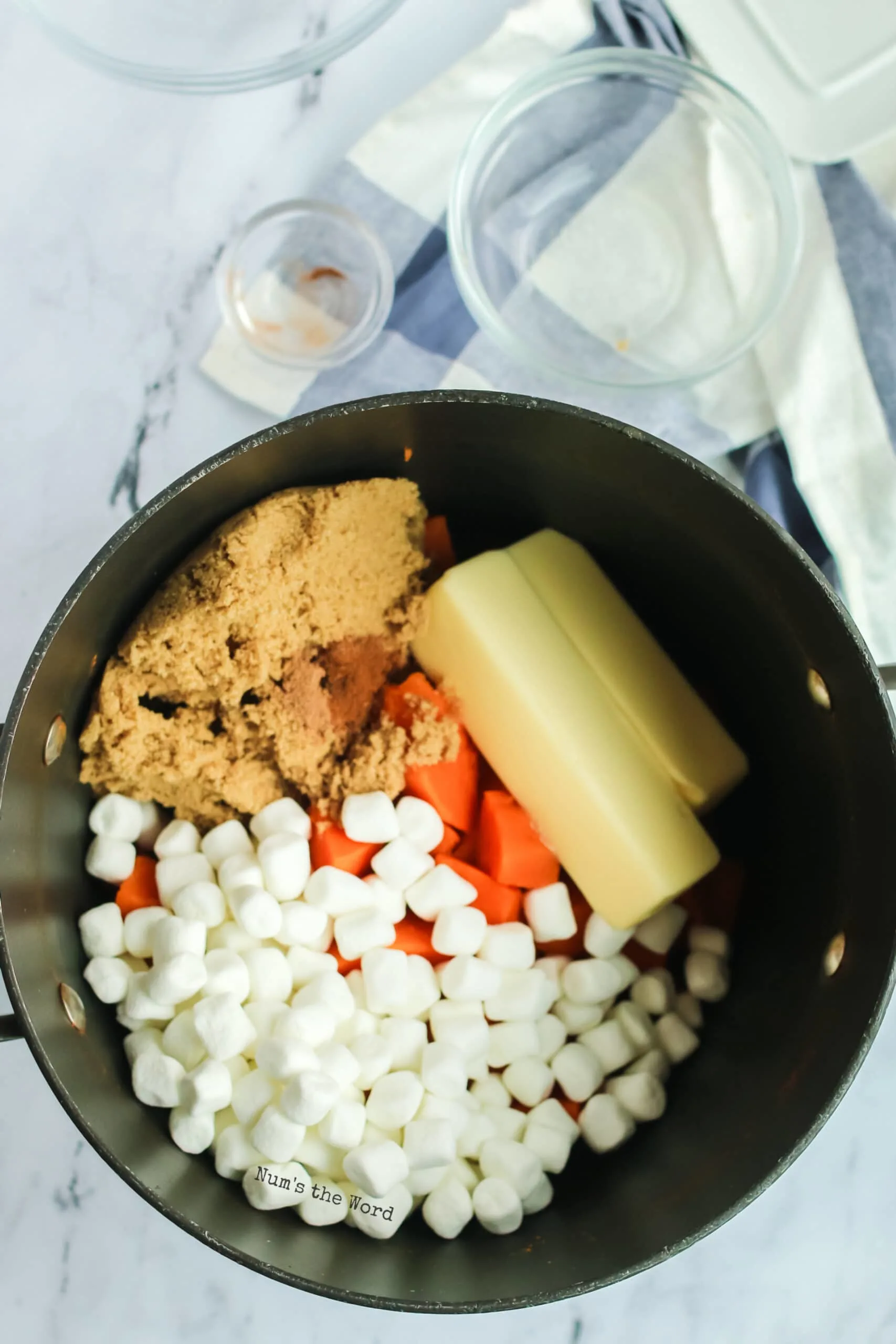 brown sugar, butter and marshmallows added to sweet potatoes. 