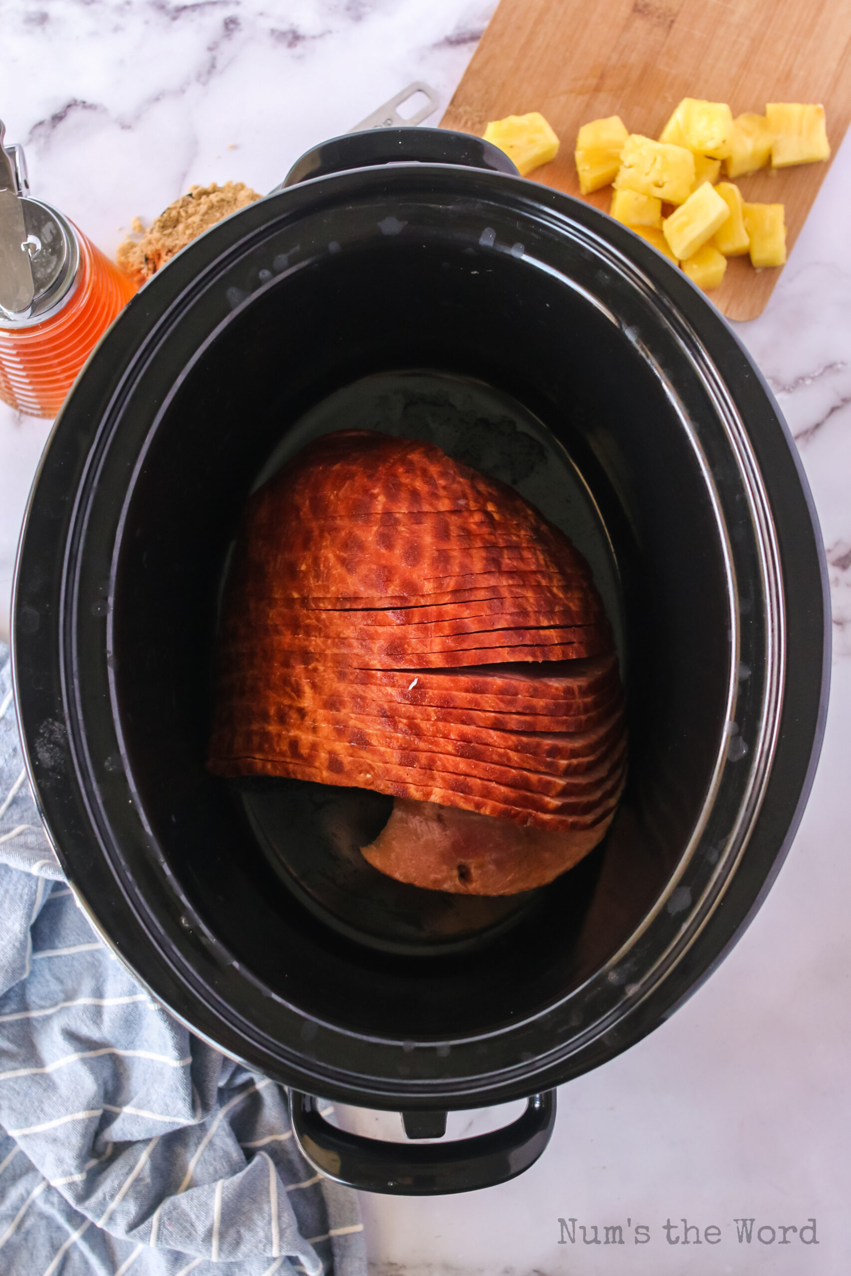 cold ham in crock pot ready to dress and cook