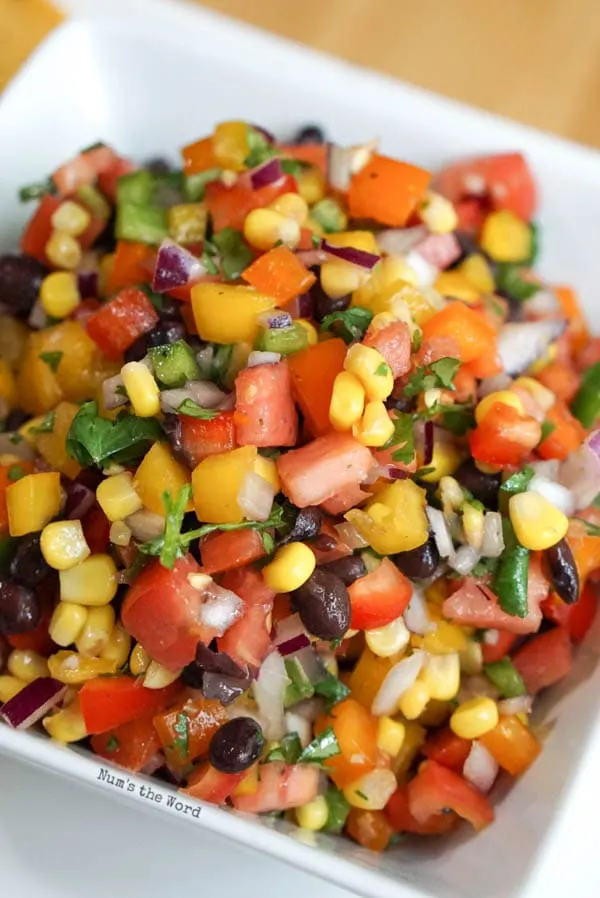 Black Bean Corn Salsa - salsa added to a serving bowl to be enjoyed