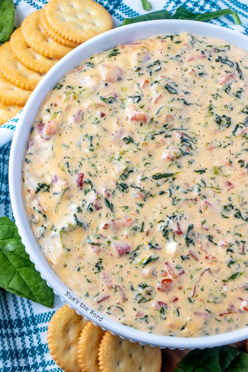 Bacon Spinach Dip - close up of dip in bowl