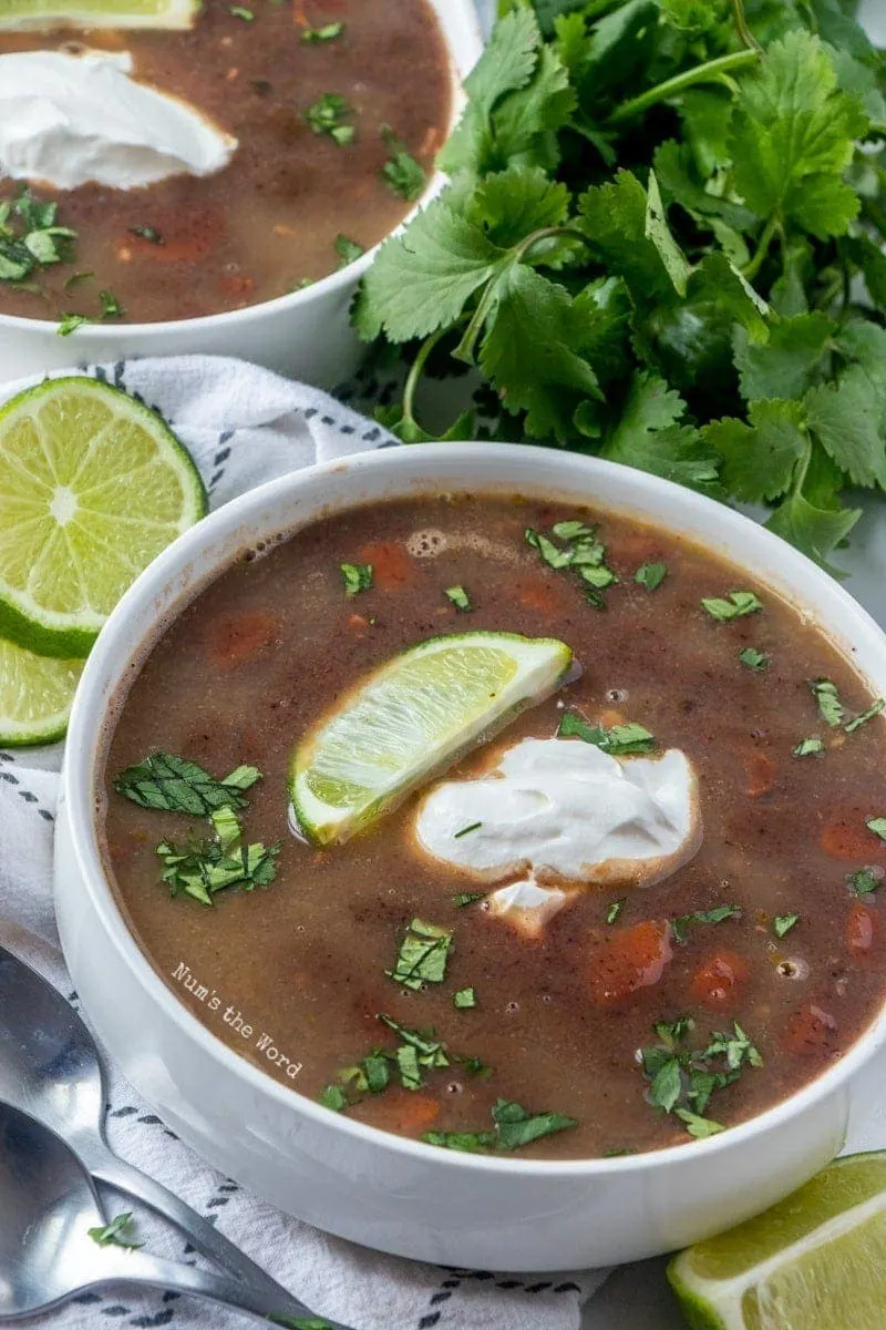 Black Bean Soup - bowl of soup with scoop of sour cream, lime wedge and cilantro added to bowl