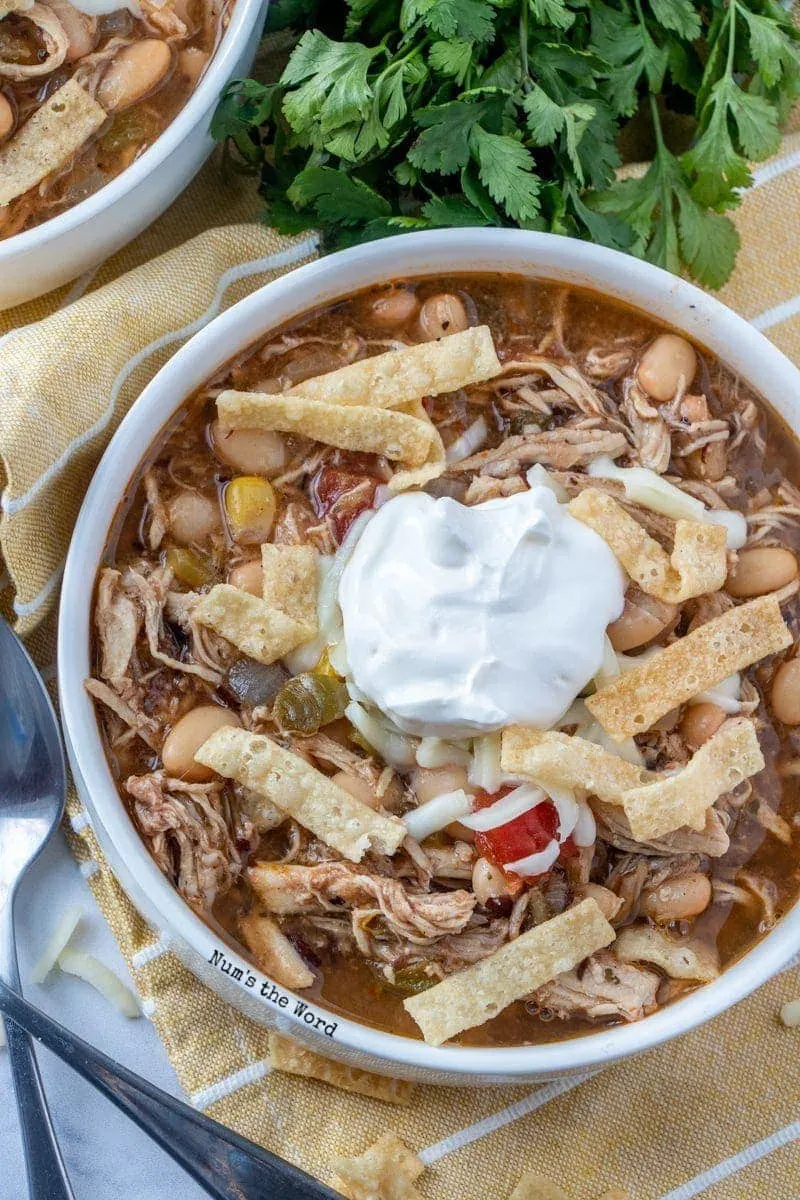 Chicken Chili - close up, top view of soup