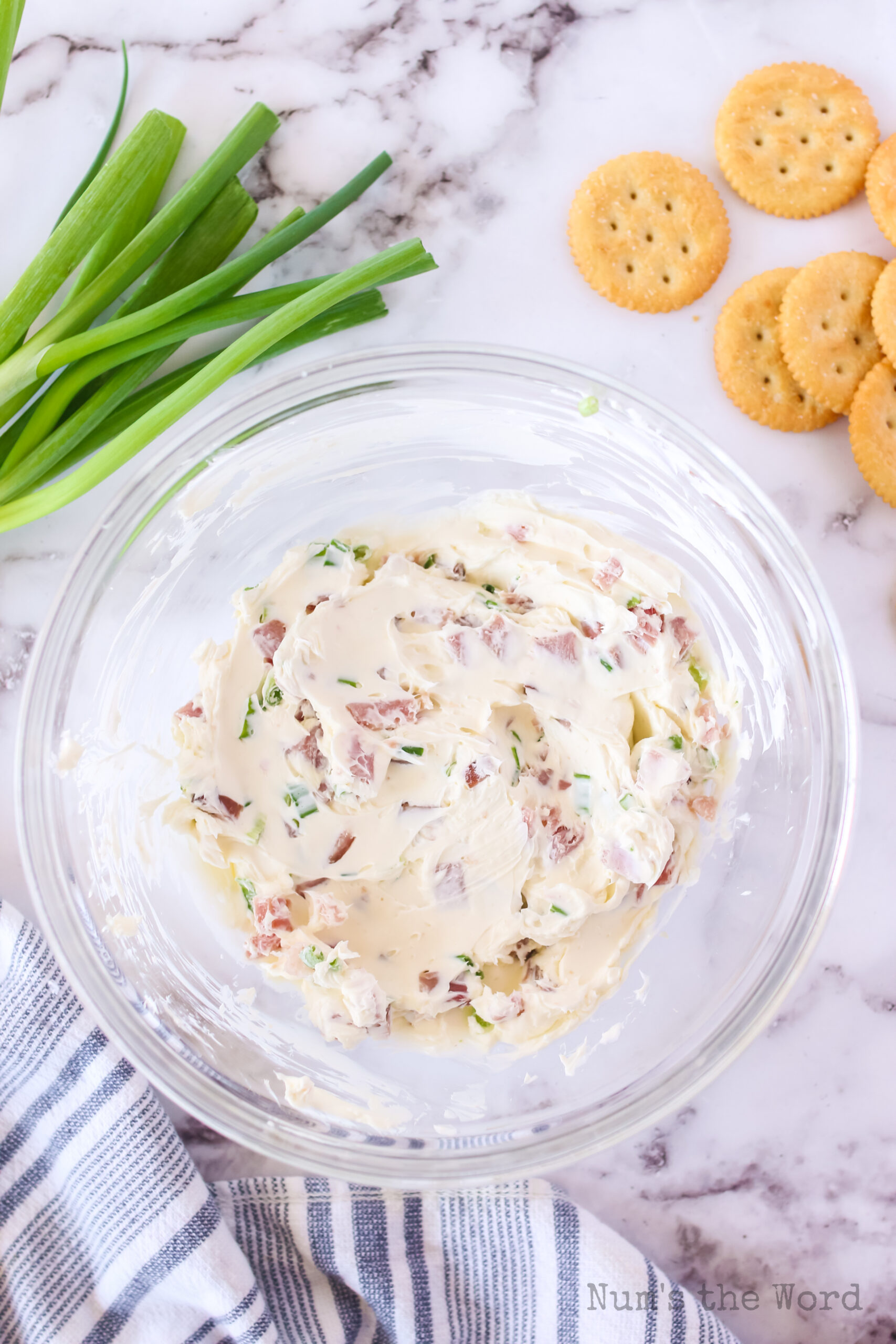 ham, cream cheese and green onion in a bowl, mixed up