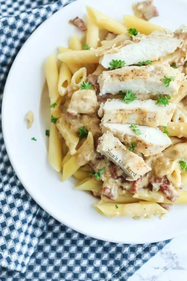 Creamy Chicken Bacon Pasta - zoomed in image of pasta from top view