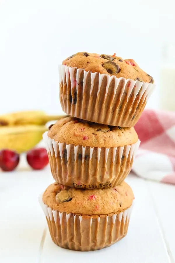 Banana Chocolate Chip Muffins - 3 muffins stacked on top of each other
