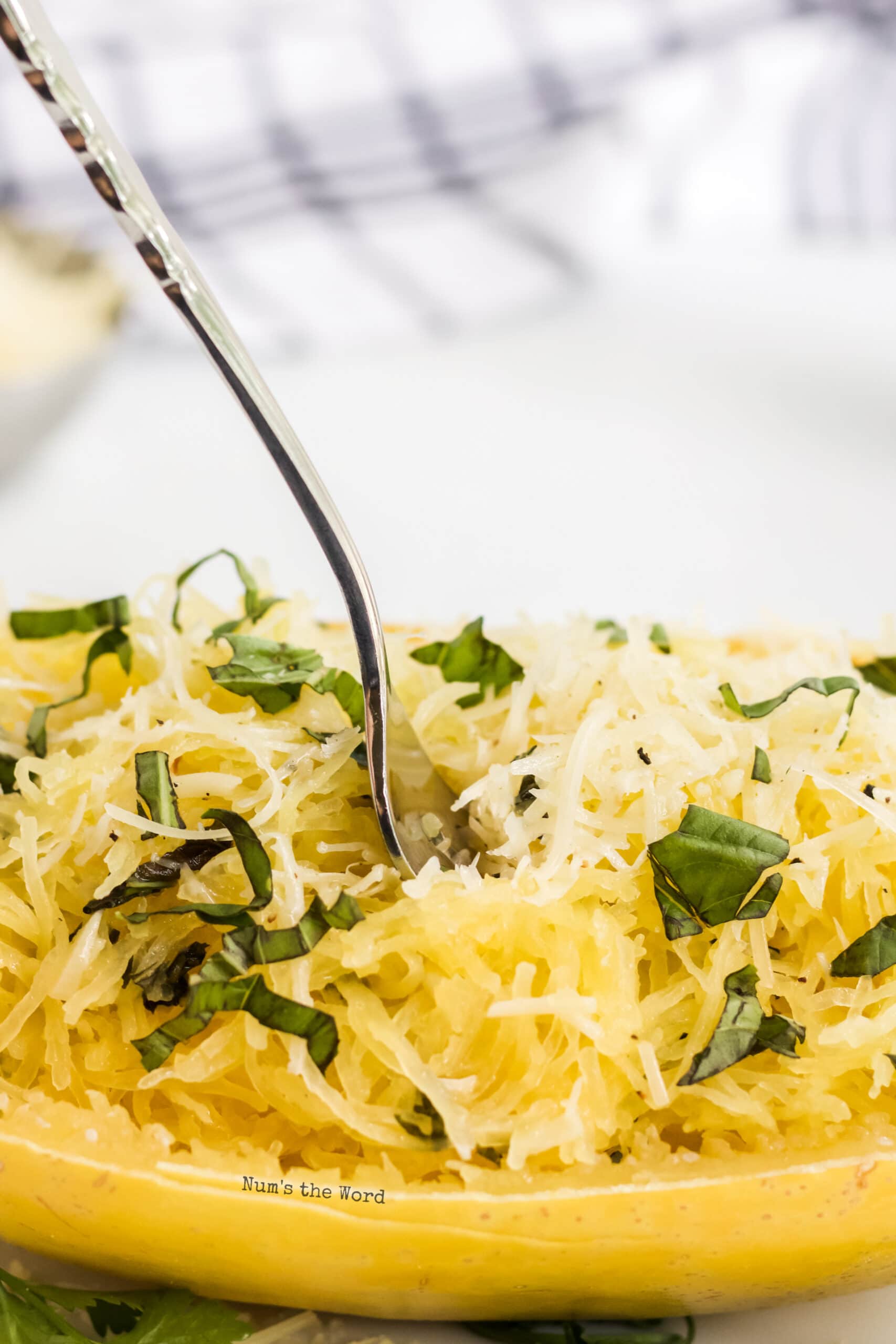 close up of cooked squash with fork ready scooping up some spaghetti