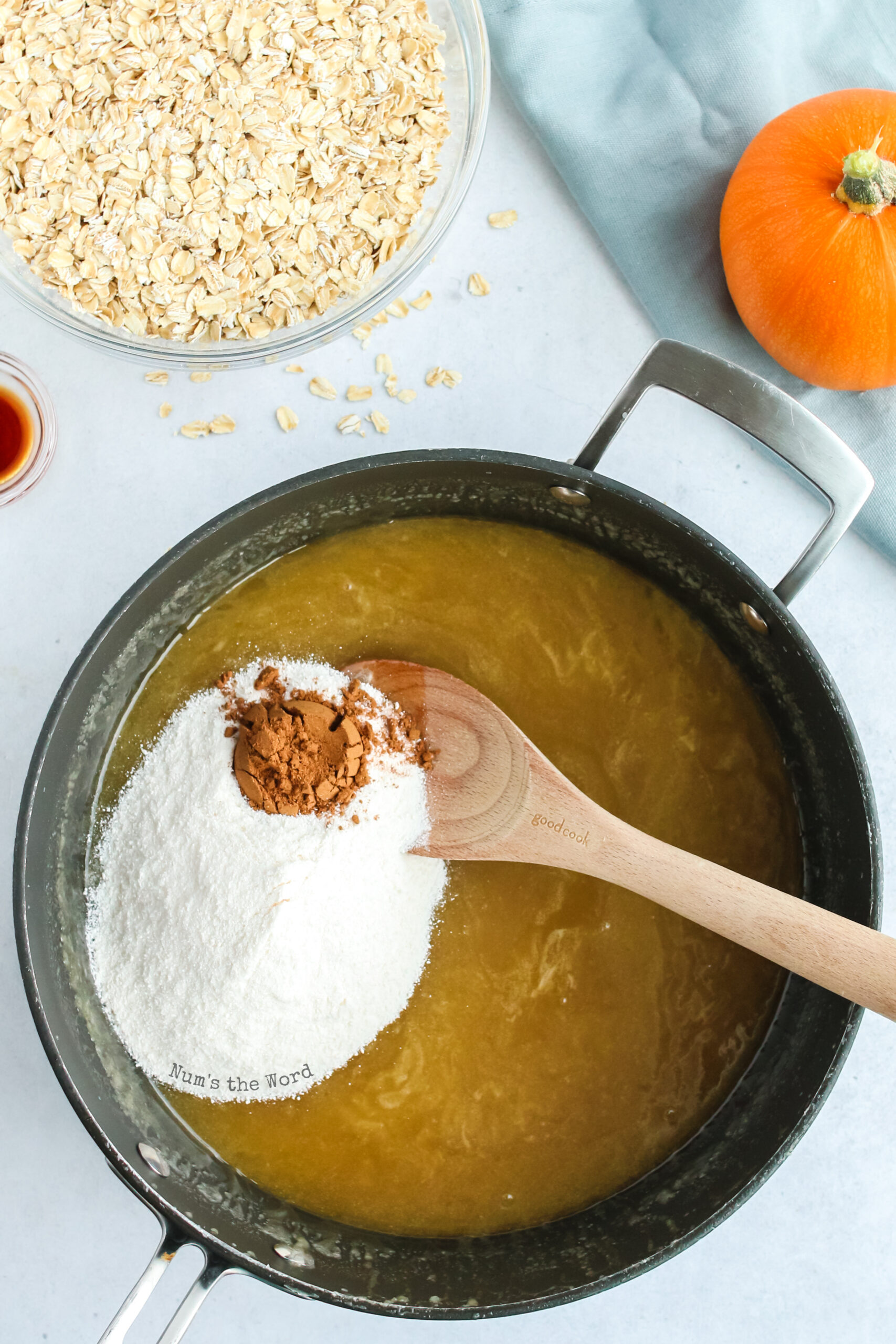 dry pudding mix and pumpkin pie spice added to butter mixture.