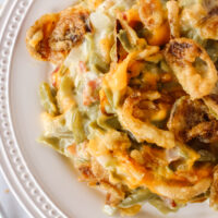 zoomed in plate of green bean casserole