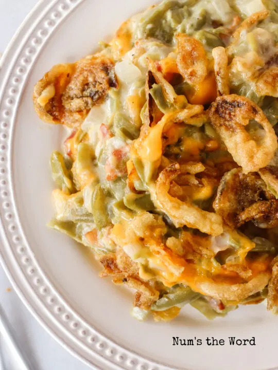 zoomed in plate of green bean casserole