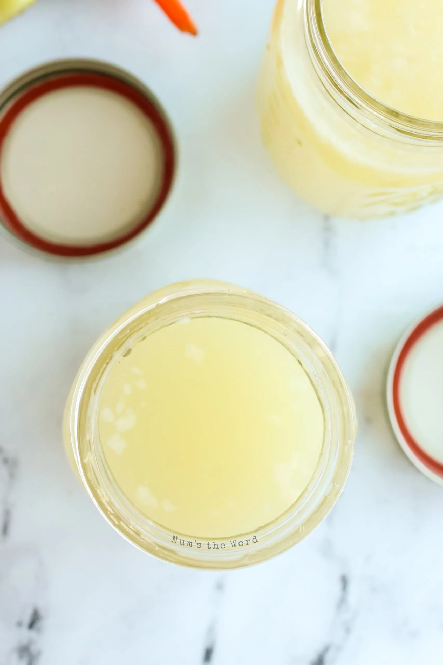 top view of bone broth in jars