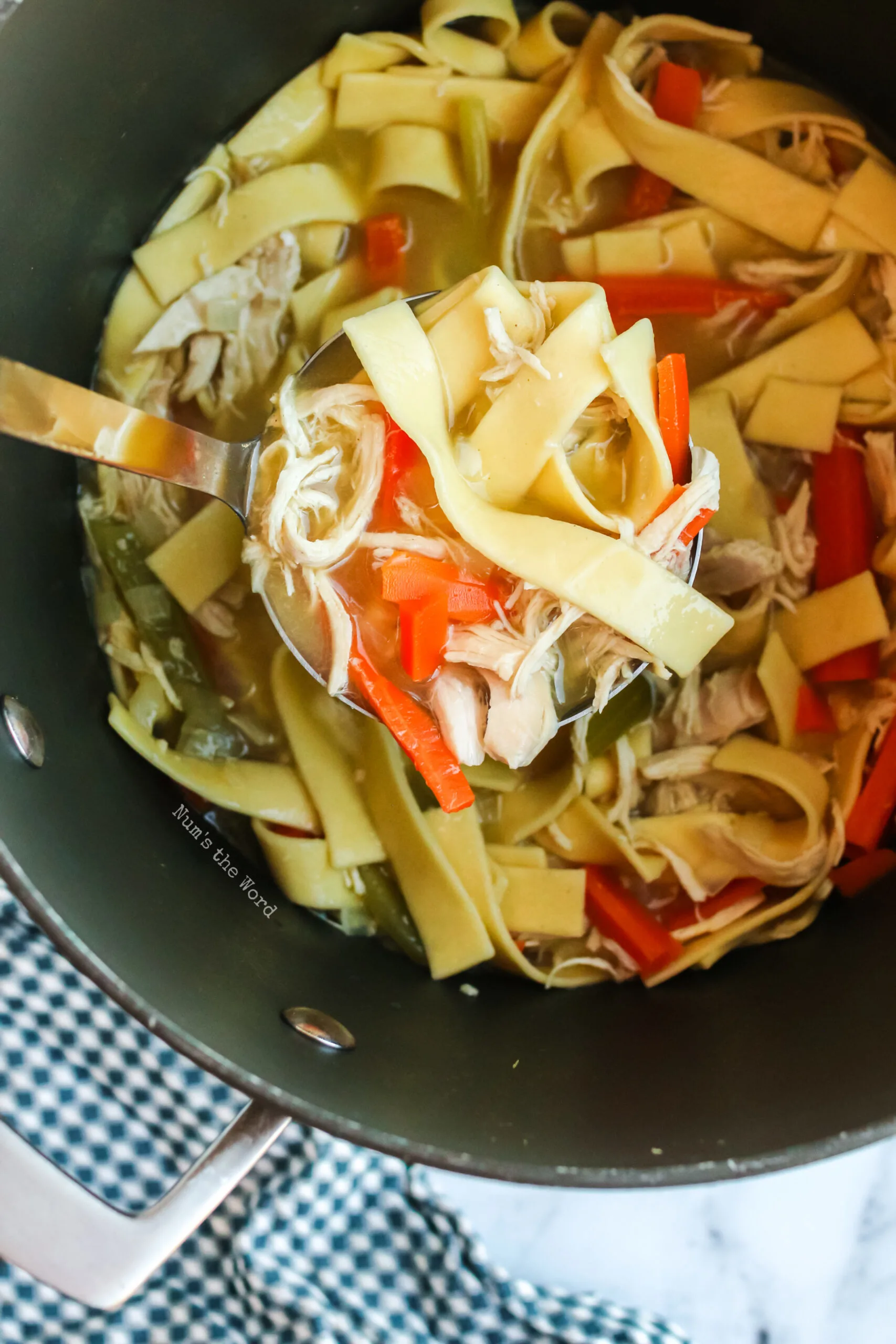 noodles cooked in soup and ready to serve. Ladle full of soup ready to be served.