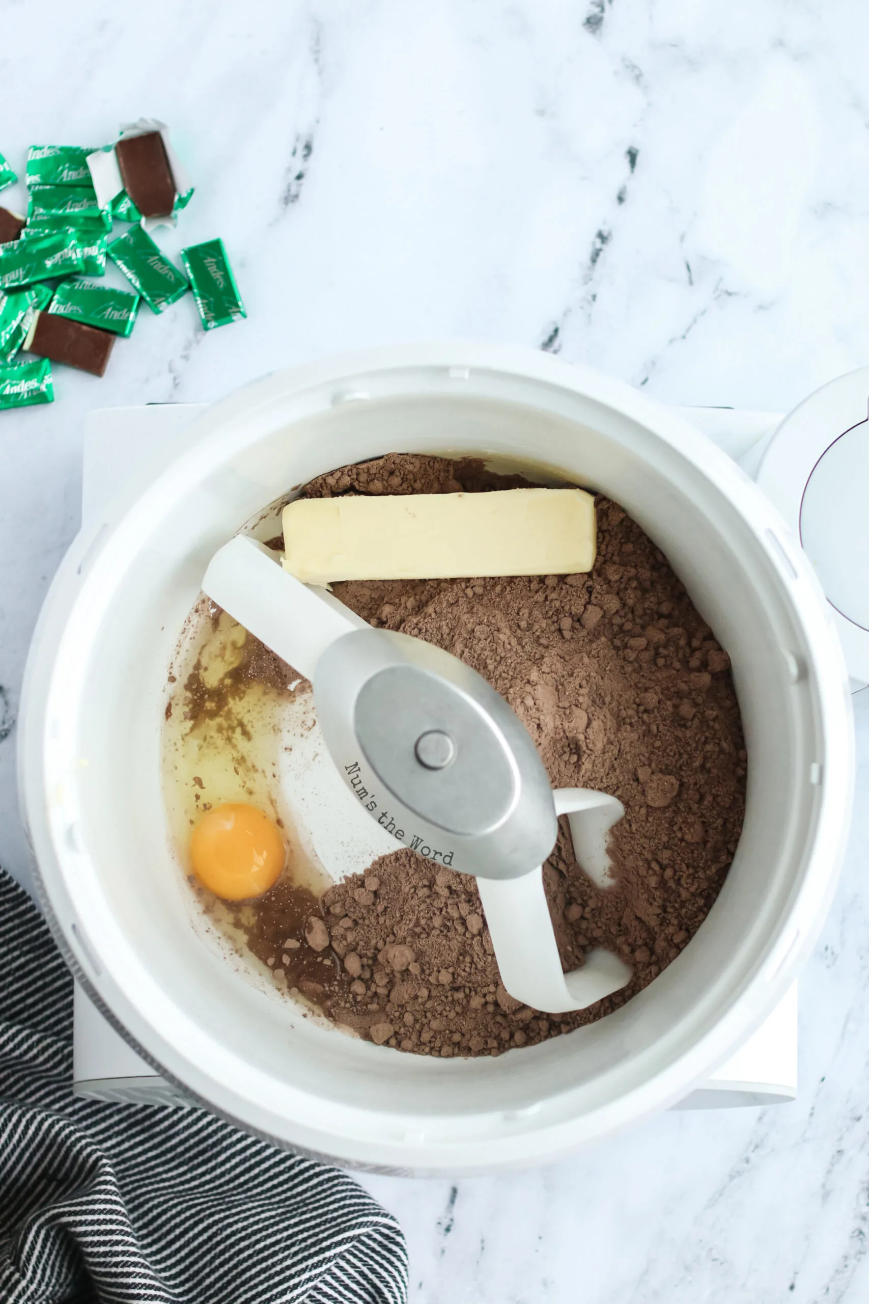 butter, cake mix and egg in a mixing bowl.