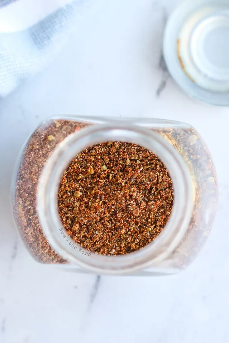 Taco seasoning in a jar, view from the top looking down into jar.