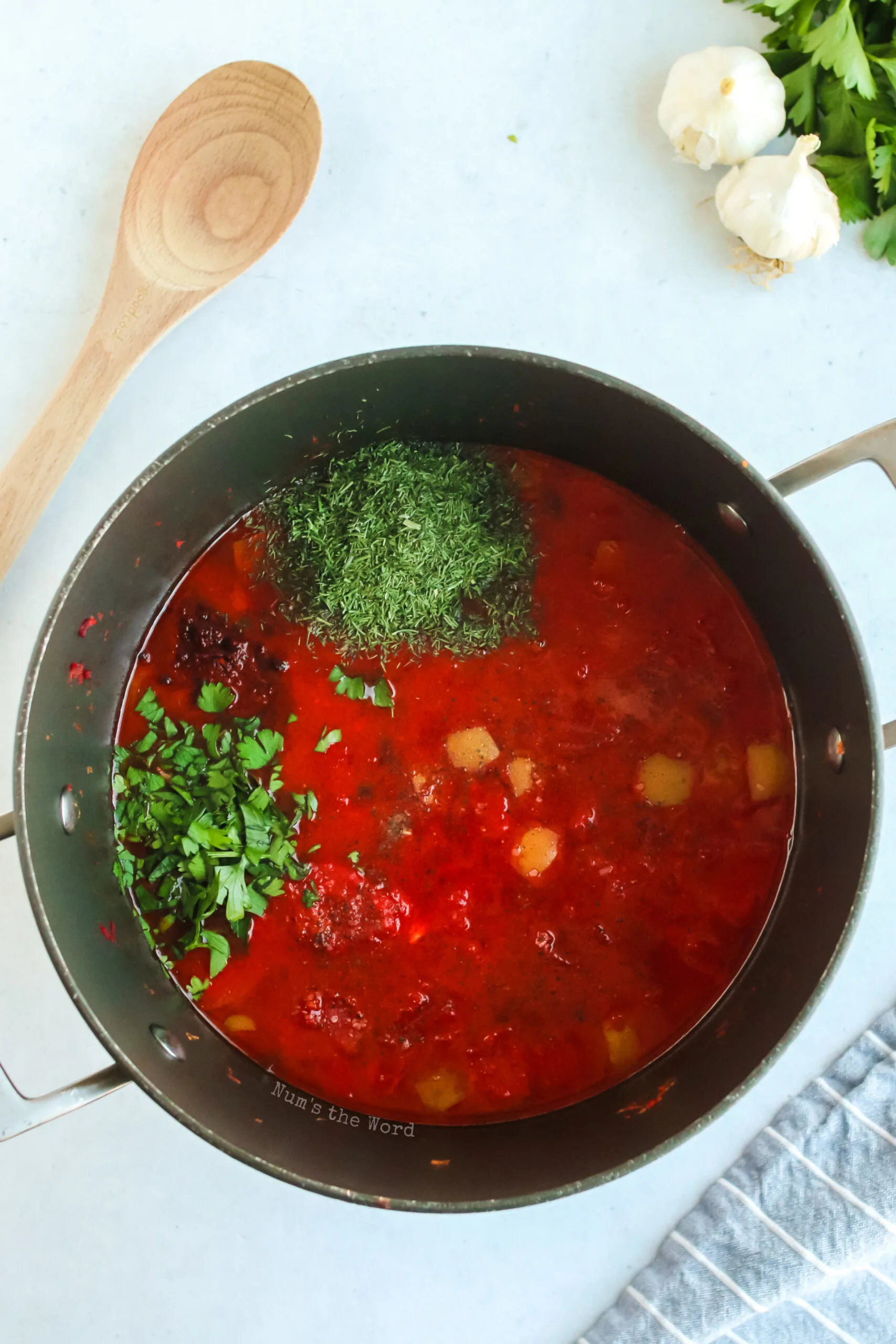 paprika, salt, pepper, sugar, dill, parsley and lemon juice added to borscht