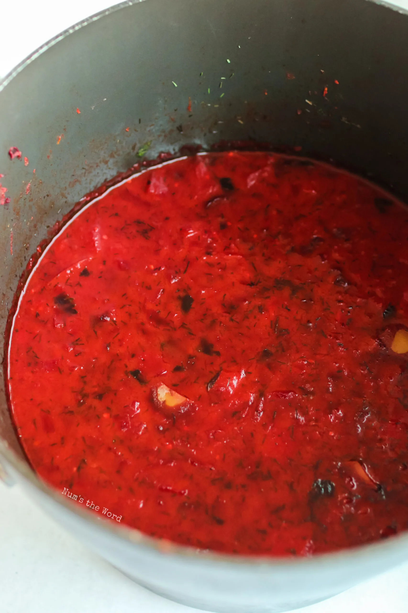 borscht in soup pot, cooked up and ready to serve