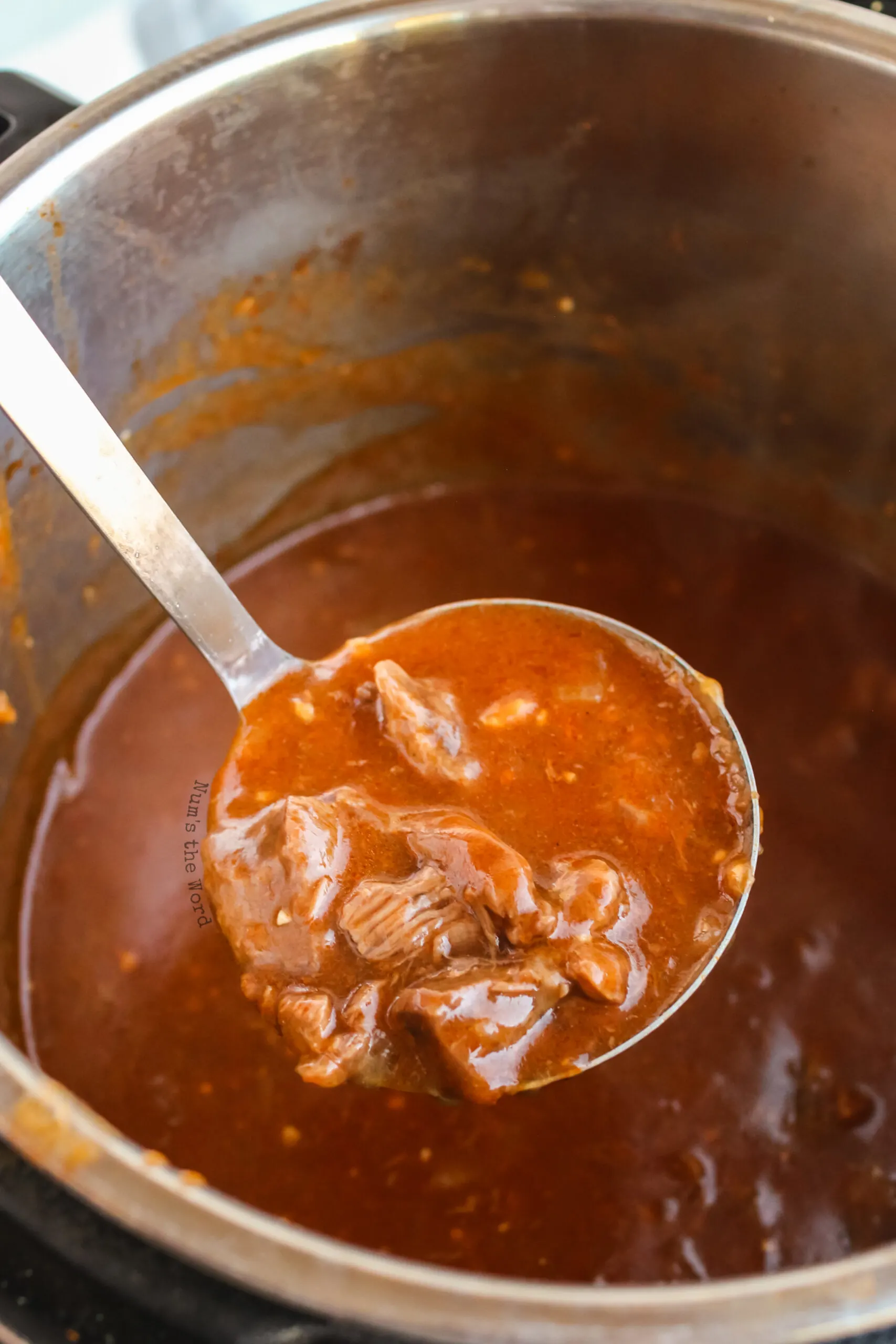 Ladle scooping out beef paprikash and sauce from instant pot