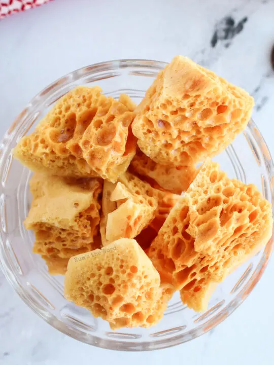bowl full of honeycomb candy bites