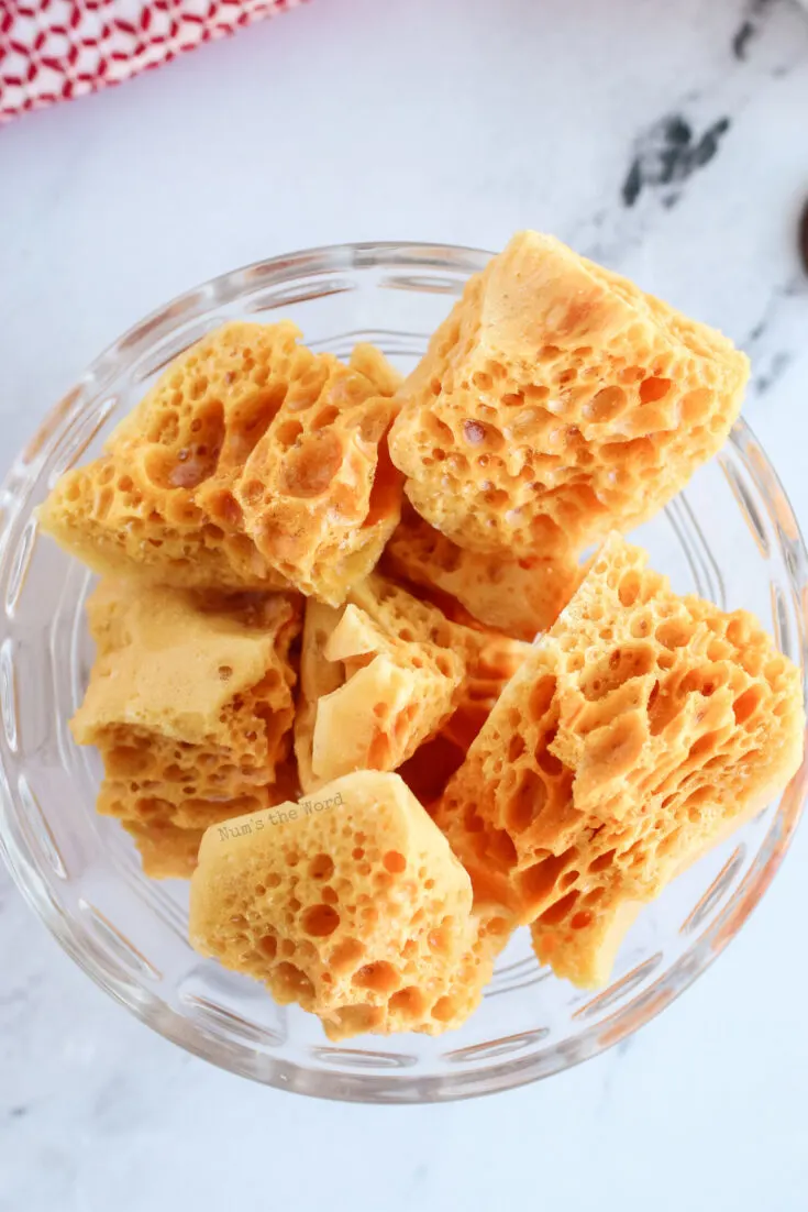 bowl full of honeycomb candy bites