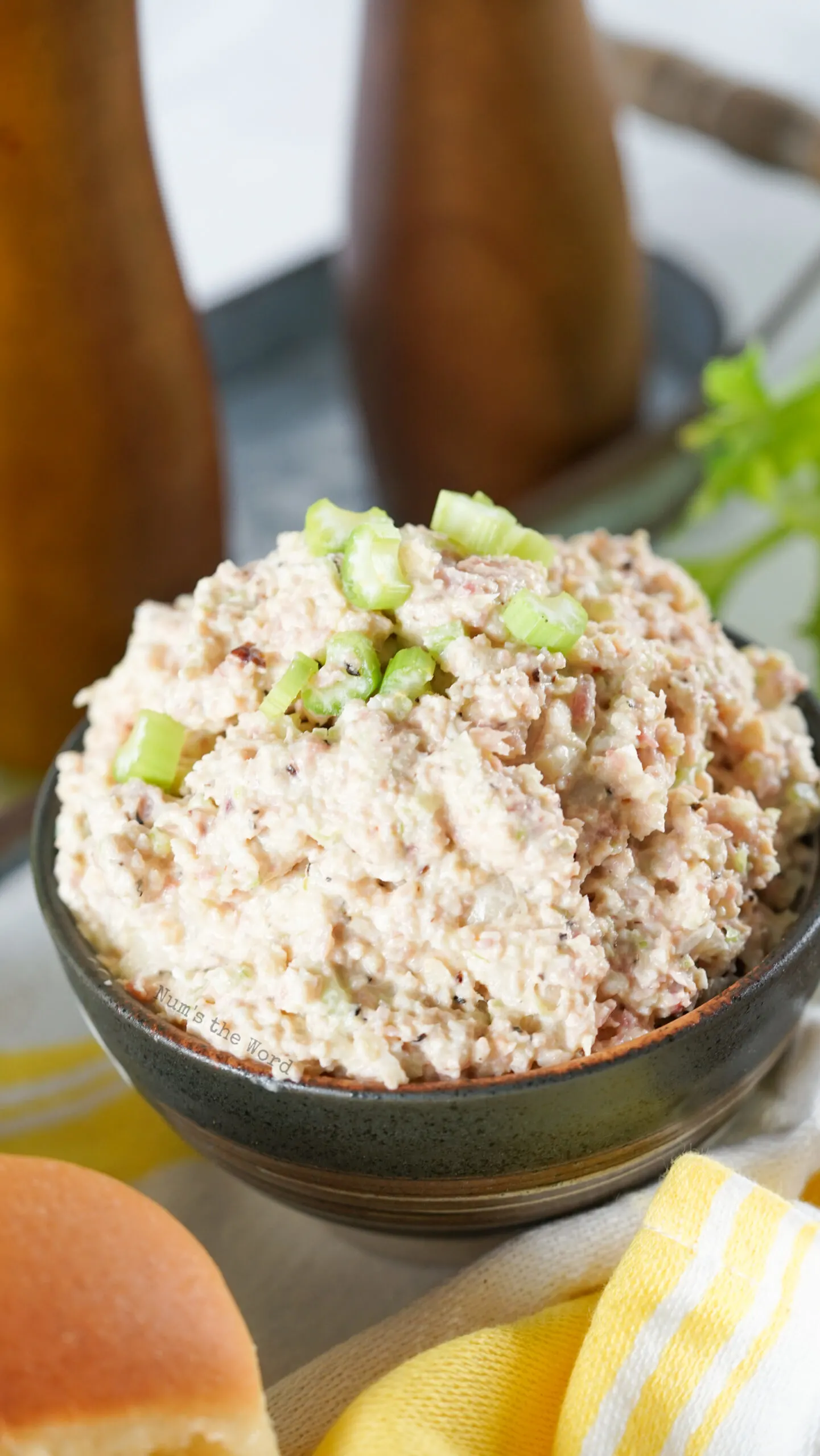 side image of ham salad in a bowl