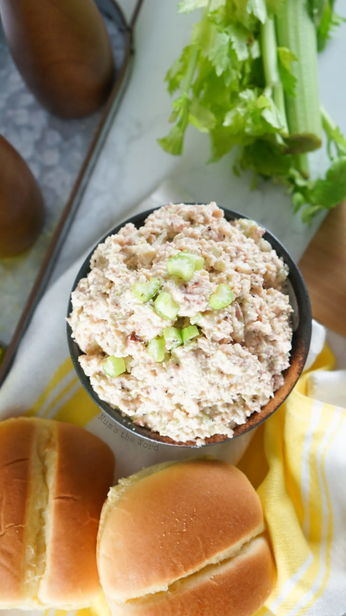 top view of of ham salad in a bowl