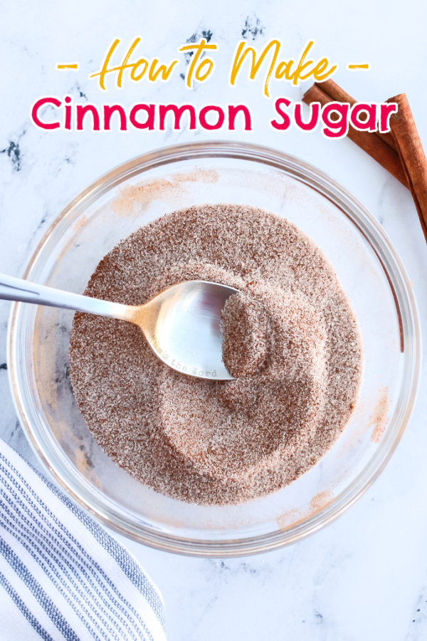 Main image of homemade cinnamon sugar in a bowl mixed up.