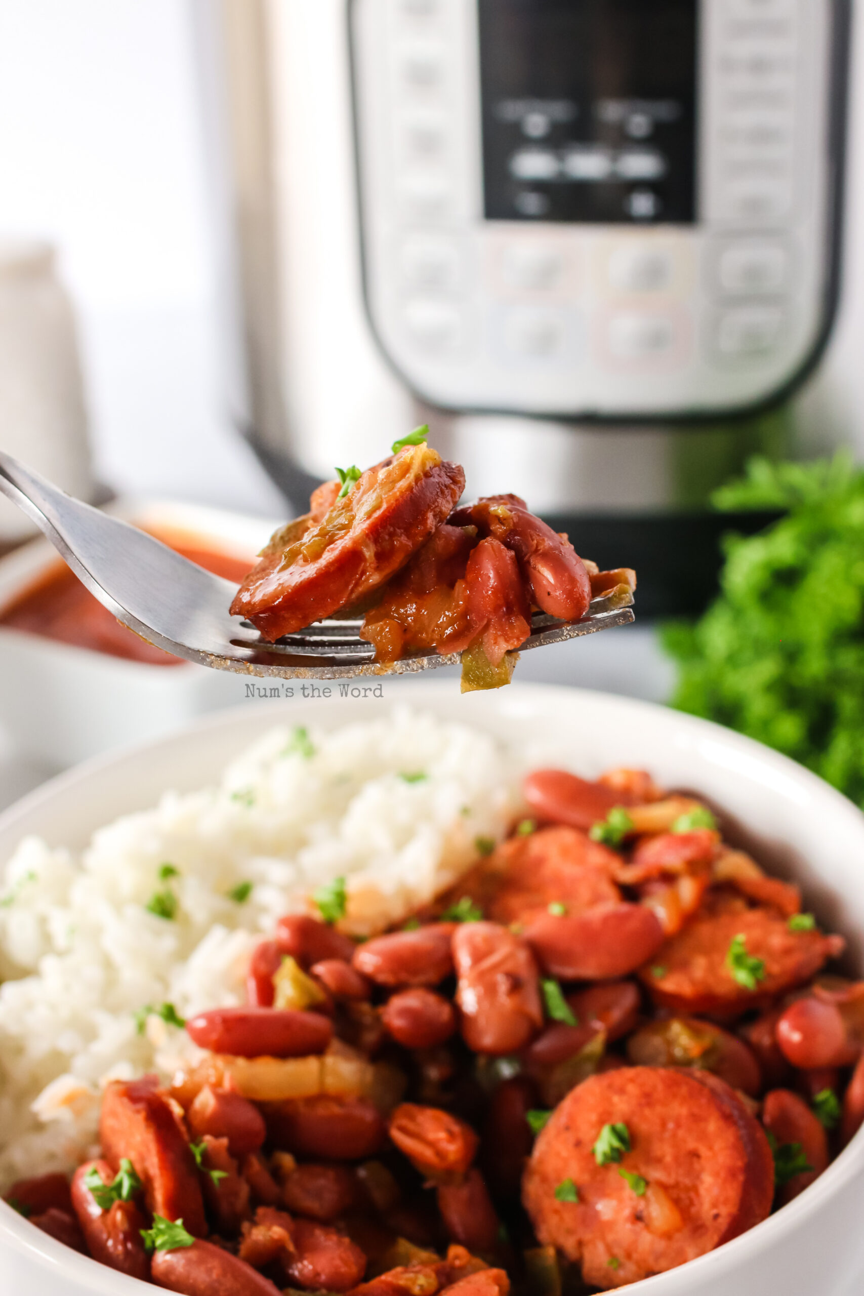 side view of red beans and rice in a bowl with instant pot in background and fork scooping out a portion to eat.