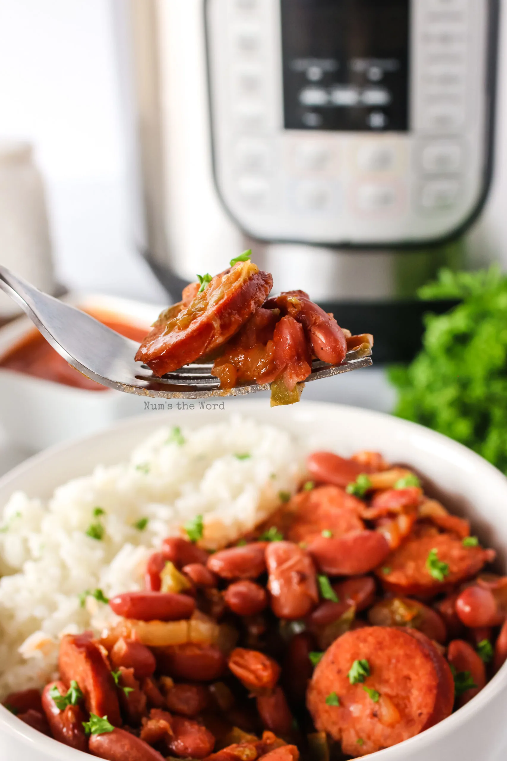 side view of red beans and rice in a bowl with instant pot in background and fork scooping out a portion to eat.