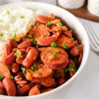 zoomed in side view of red beans and rice in a bowl