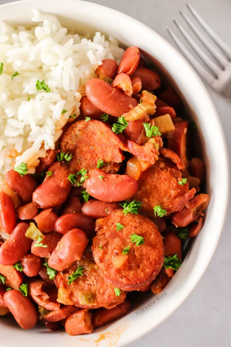 zoomed in image of red beans and rice in a bowl