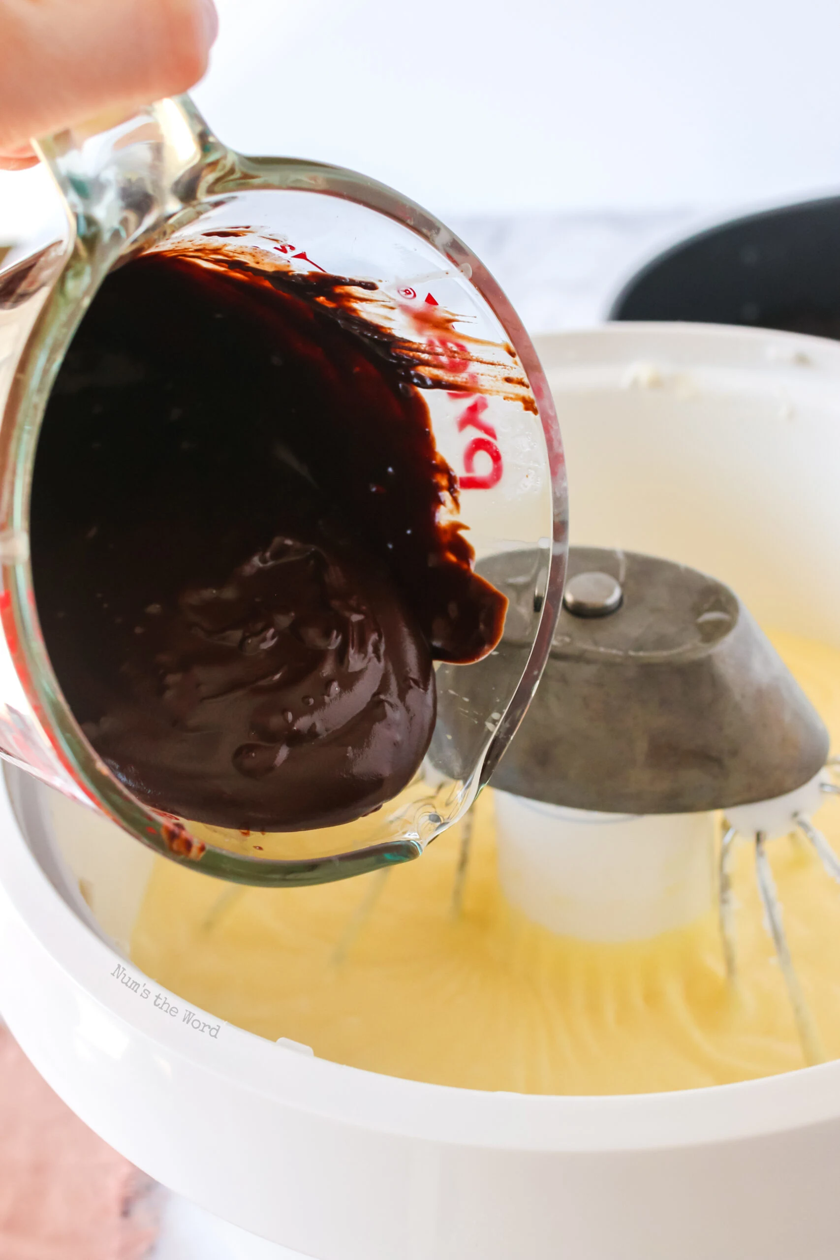 adding melted chocolate chips to cheesecake mixture.