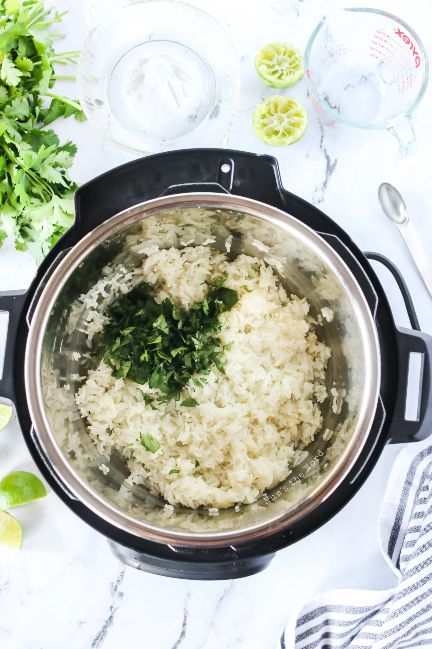 chopped cilantro added to cooked rice in instant pot.