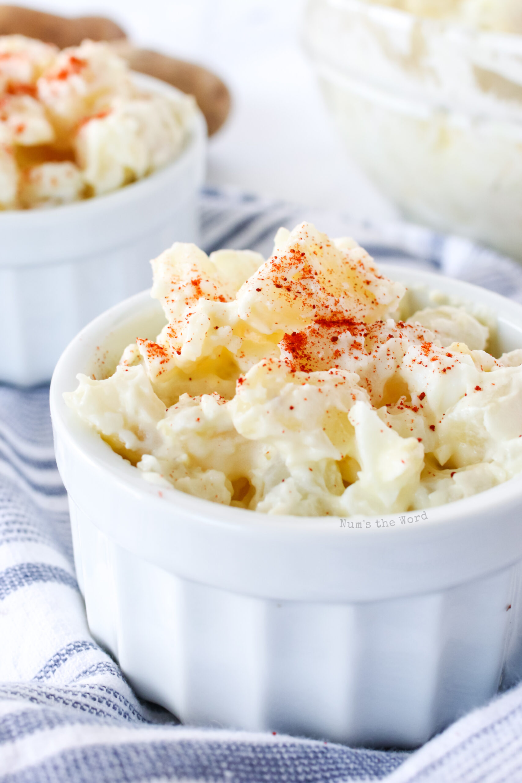 potato salad in a bowl with paprika sprinkled on top.