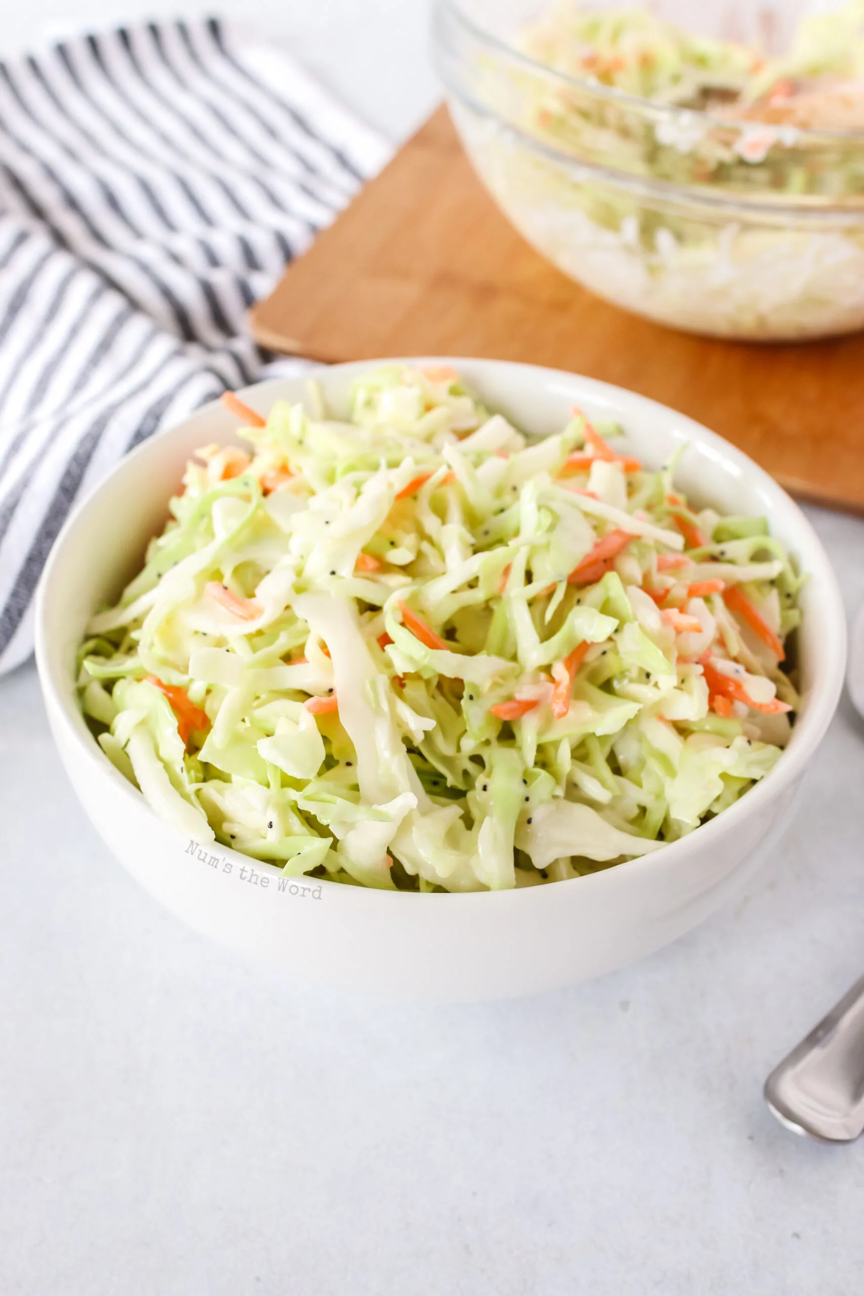 creamy coleslaw in a bowl, ready to eat without a spoon.