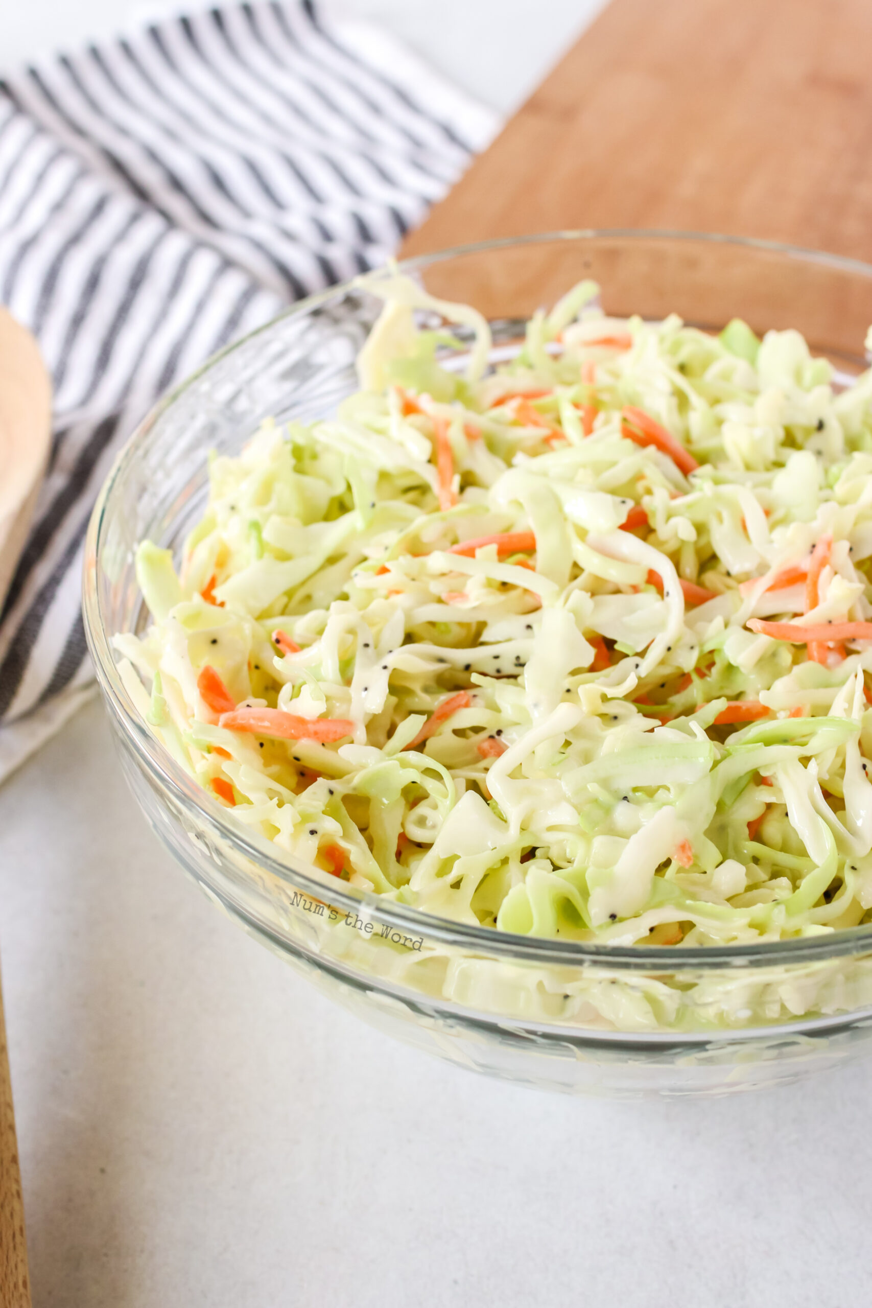 ready to eat creamy coleslaw in a glass serving bowl