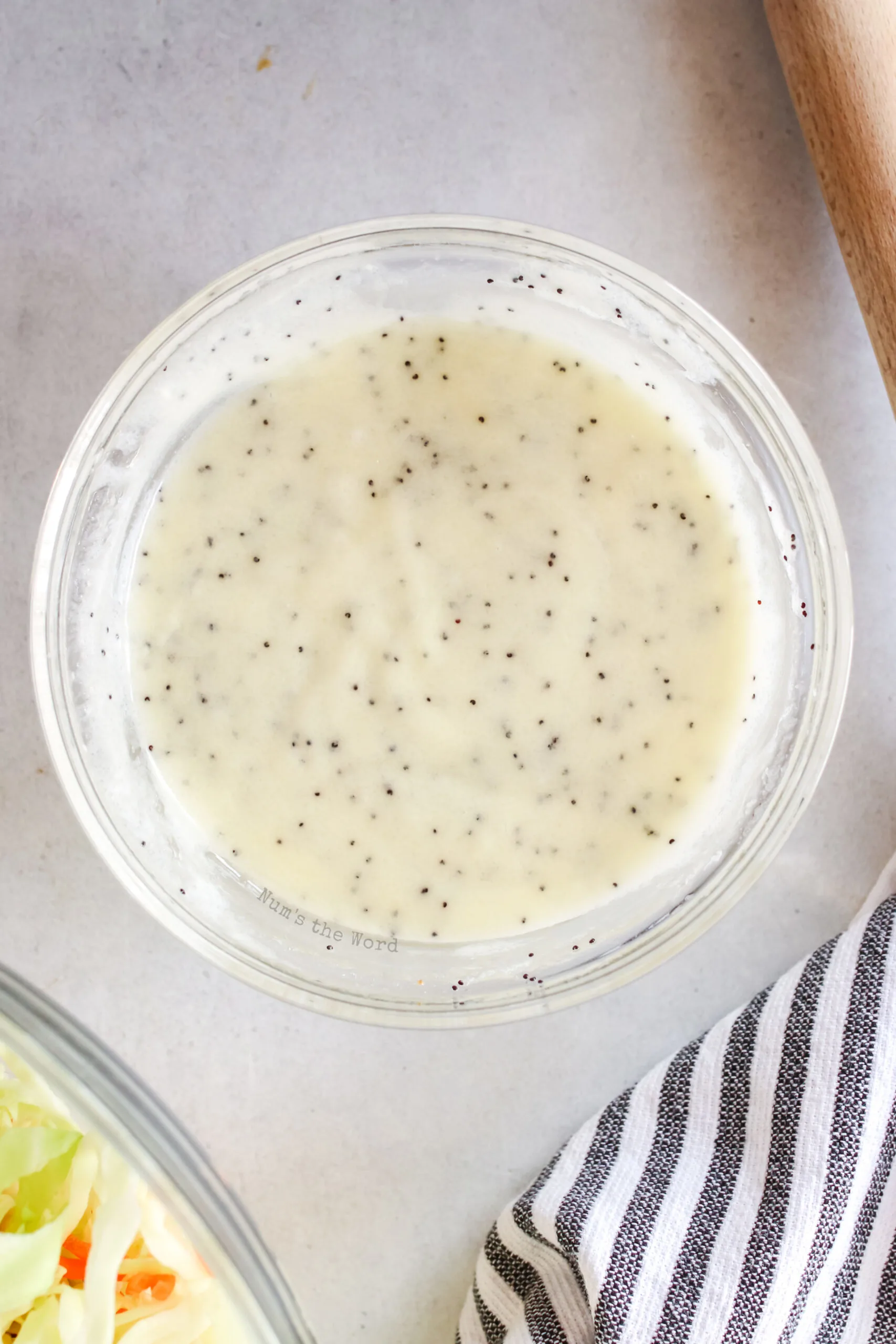 creamy coleslaw dressing mixed and ready to pour over coleslaw.