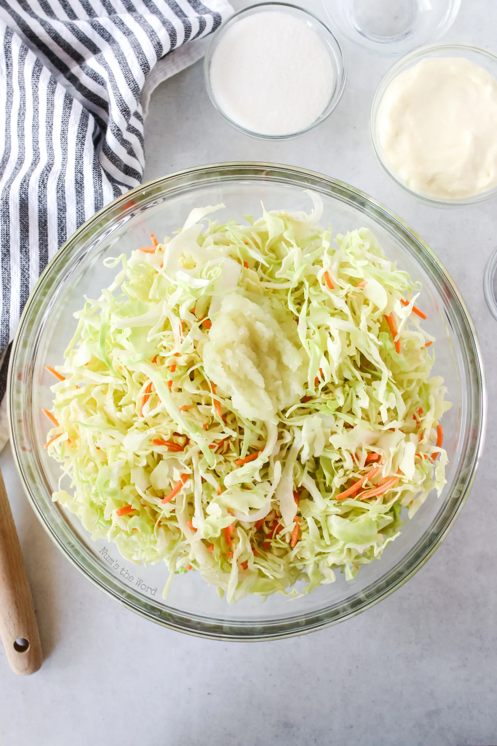 Packaged coleslaw in a bowl.