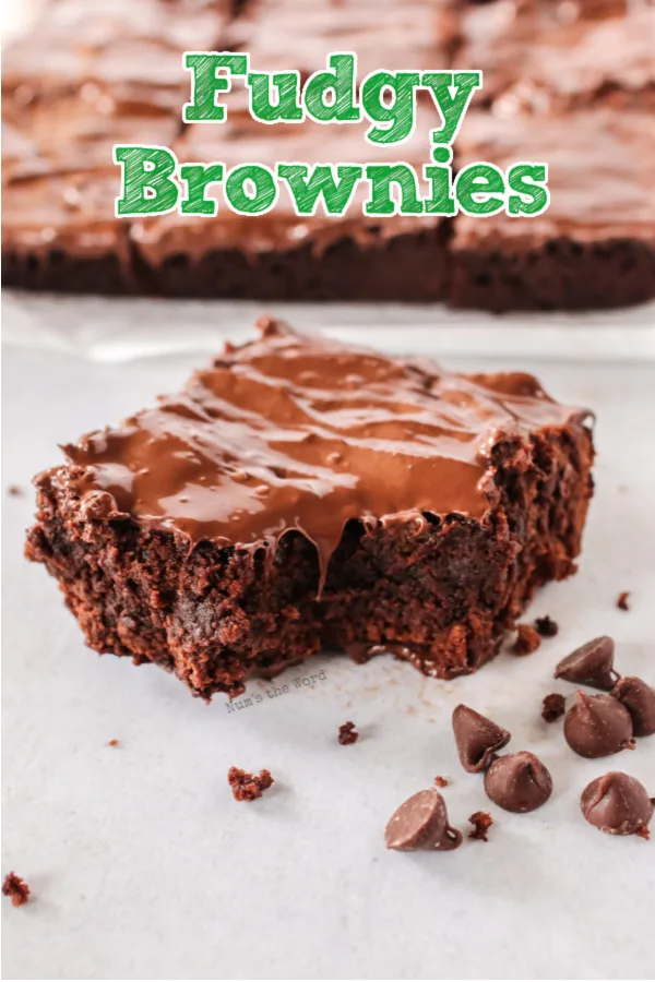 Main image of fudgy brownies. single brownie on plate with remaining brownies in the background.