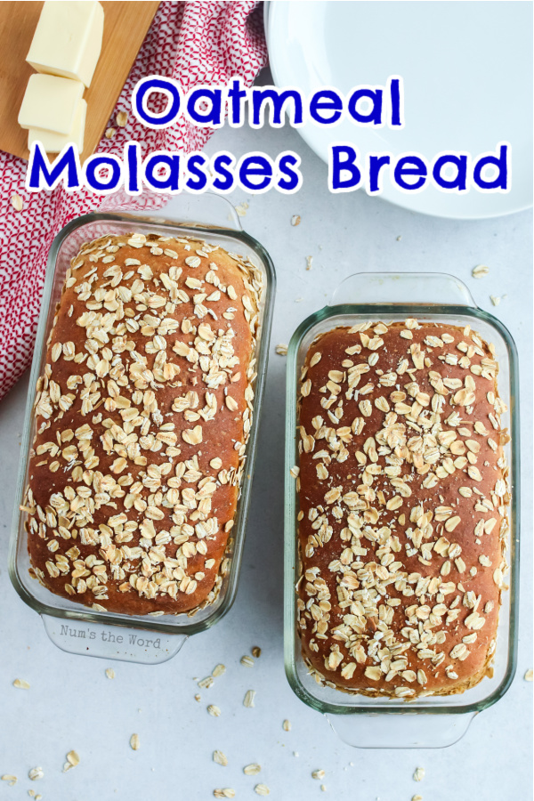 main image of oatmeal mosses bread for recipe. Two loaves of bread in pans fresh out of oven.